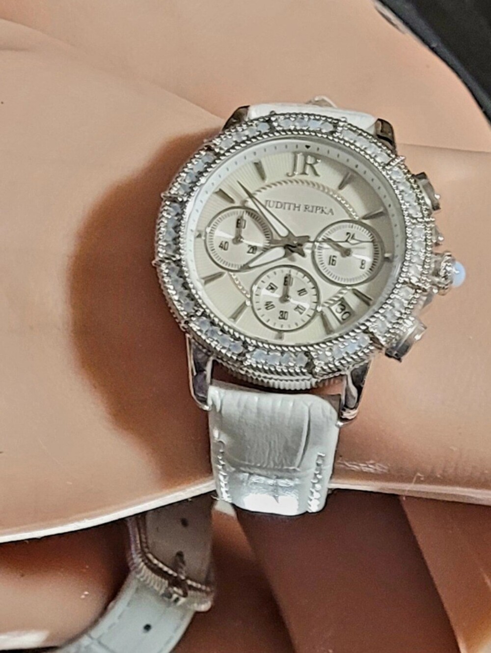 Judith Ripka White Crystal Bezel Chronograph Watch Embellished with Opals - Picture 9 of 17